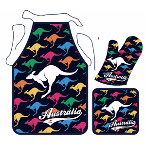 Apron, Mitten & Pot Holder Set - Colourful Kangaroo