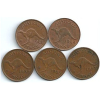 5 x AUSTRALIAN PENNY COINS