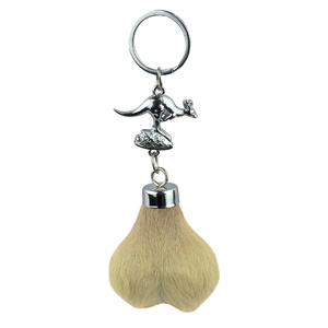 Australian Kangaroo Scrotum Keyring with Metal Kangaroo Figurine