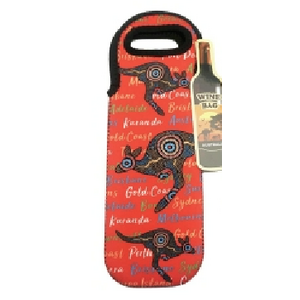 Red Aboriginal Art with Kangaroos - Wine Bottle Bag