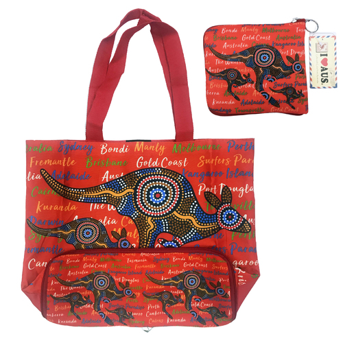 Dark Red Aboriginal Art - Foldable Shopping Bag
