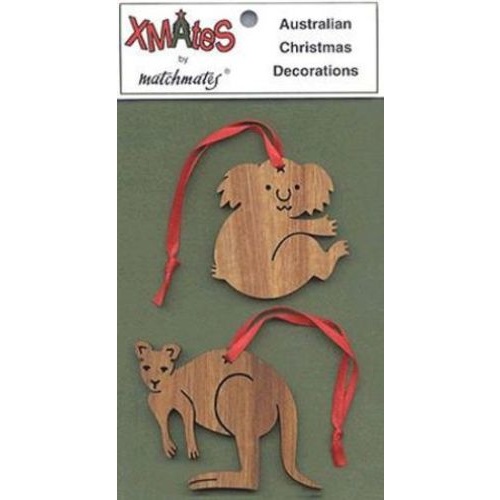 PACK OF WOODEN KOALA & KANGAROO CHRISTMAS DECORATIONS