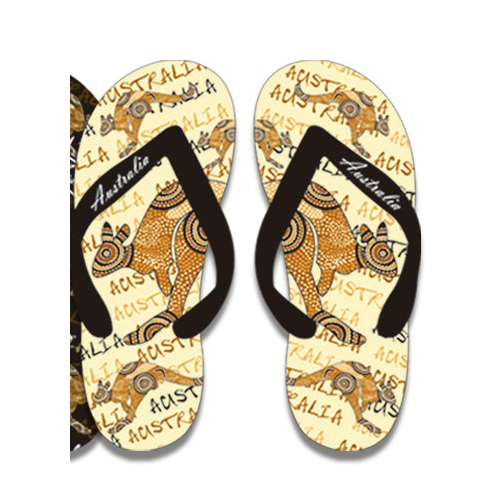 Cream Aboriginal Art with Kangaroos - Thongs (Size: M - Medium)