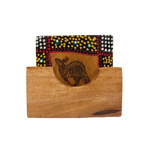 Wooden Aboriginal Burnt & Dot Art Square - 6 Coaster Set