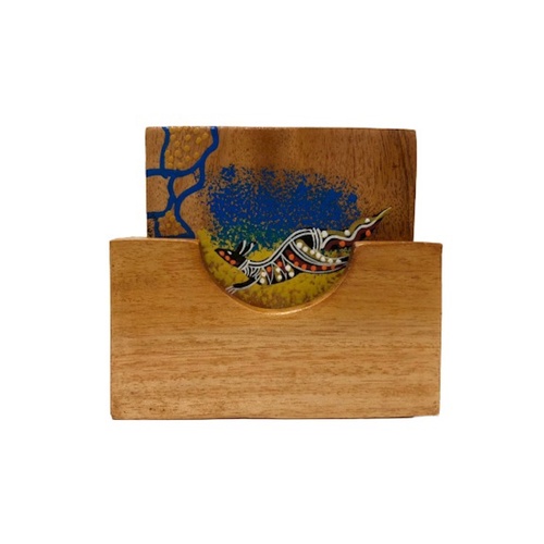 Wooden Aboriginal Sponge Art Square  - 6 Coaster Set